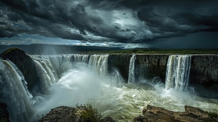 Fototapeta premium A powerful waterfall during a rainstorm, with dark clouds overhead and the water flowing rapidly into a turbulent river