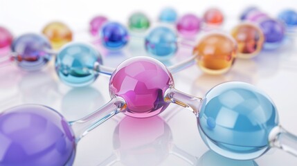 Colorful Glass Spheres Connected by Tubes on White Background. Generative AI
