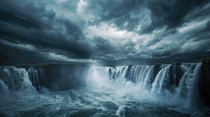 Fototapeta premium A powerful waterfall during a rainstorm, with dark clouds overhead and the water flowing rapidly into a turbulent river