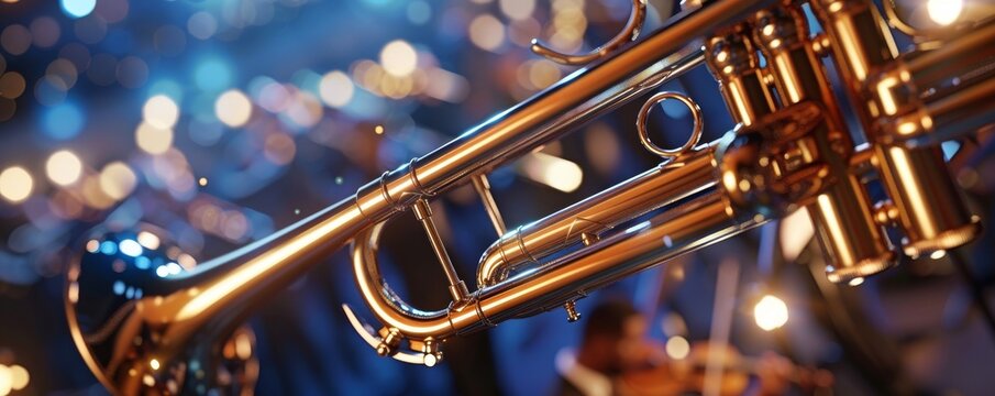 Close up of a trumpet with blurred background lights.