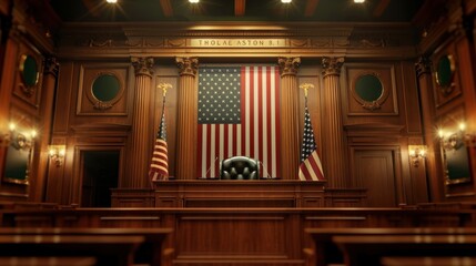 This image depicts an empty courtroom with a dominant wooden interior featuring two American flags, and a large, central American flag hanging behind the judge's bench.