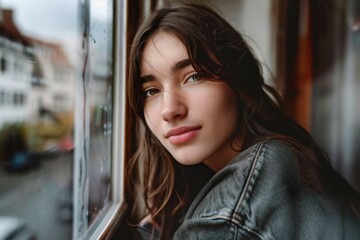 Fototapeta premium Portrait of a young female model with long hair looking out of a window. The background shows a blurred urban setting. The model appears thoughtful and serene.