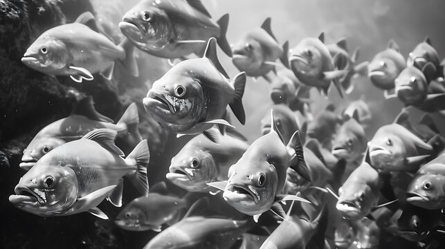 Photo of a school of piranhas shot direction from above pose swimming together time of day midday 