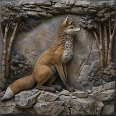 Obraz premium Beautiful fox 3d relief wallpaper. Mural wallpaper. Wall art. AI generated illustration.