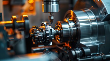 Naklejka premium Close-up of a CNC machine drilling a metal gear.