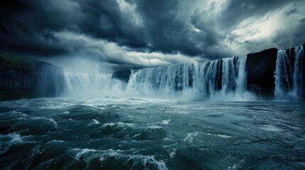 Obraz premium A powerful waterfall during a rainstorm, with dark clouds overhead and the water flowing rapidly into a turbulent river