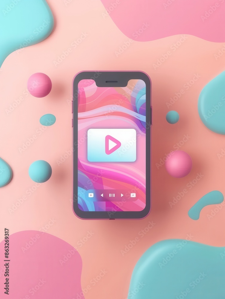 Poster a vibrant, abstract background with pink and blue paint splatters, a smartphone displaying a video s