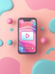 A vibrant, abstract background with pink and blue paint splatters, a smartphone displaying a video streaming app, and small spheres. Generative AI