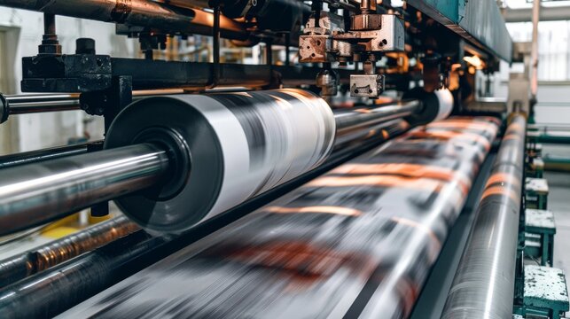 Close-up of a printing press with rolls of paper moving through the machine.