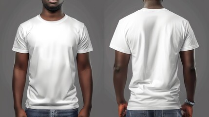 This image showcases a front and back view of a white blank T-shirt worn by a person, perfect for mockups and designs. The background is plain and gray.