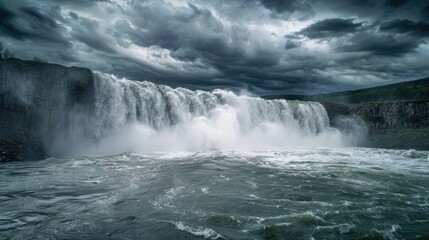 Obraz premium A powerful waterfall during a rainstorm, with dark clouds overhead and the water flowing rapidly into a turbulent river