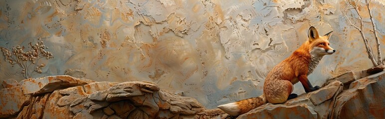 Beautiful fox 3d relief wallpaper. Mural wallpaper. Wall art. AI generated illustration.