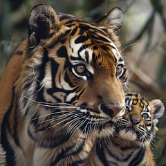 Fototapeta premium Tiger Cub Exploring Under Mother's Watchful Eye