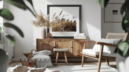 A stylish Scandinavian living room with wooden furniture, neutral tones, and cozy decor featuring plants, a framed picture, and a comfortable chair.