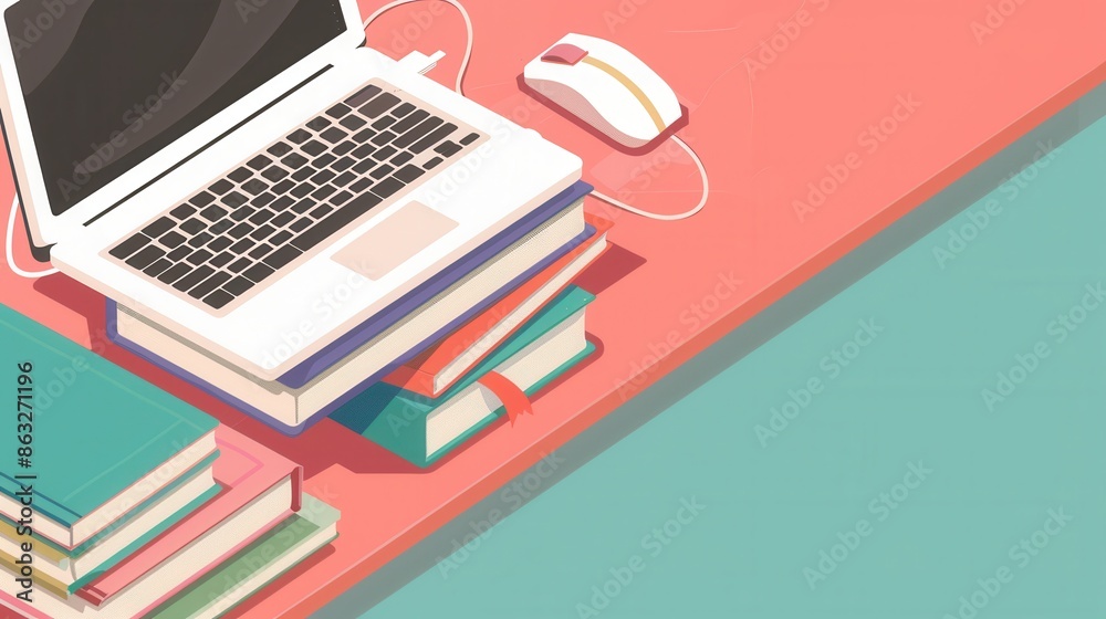 Fototapete a laptop computer and a stack of textbooks lie on a desk, symbolizing the modern methods of learning