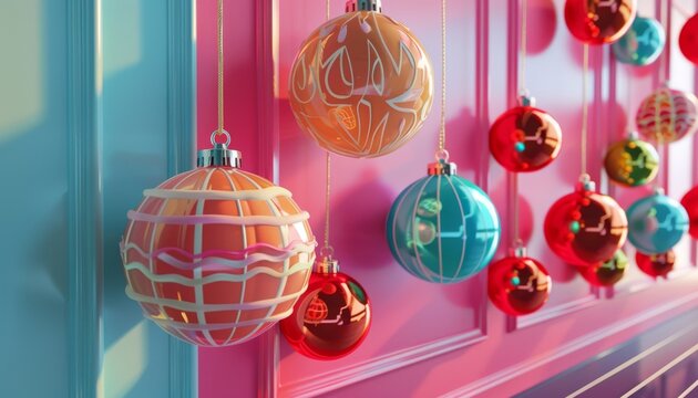 Colorful Christmas ornaments hang on a pink and blue wall, creating a festive and playful scene.