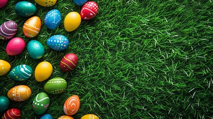 Colorful Easter eggs arranged on green grass with copy space. Perfect for spring and Easter celebrations.