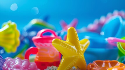 Colorful plastic beach toys on sand with a blue background and bubbles.