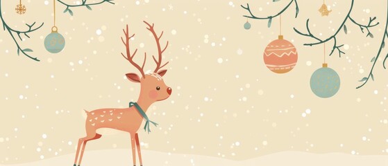Obraz premium Cute reindeer with Christmas ornaments hanging from branches.