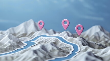 A 3D map showcases a mountainous terrain with three pink location markers pinpointed across different areas near a river. The map has a white and blue color scheme.