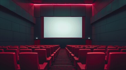 Fototapeta premium Empty movie theater with red seats and a large blank screen.