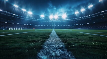 Empty stadium at night, illuminated by bright lights. Green grass field, center view.