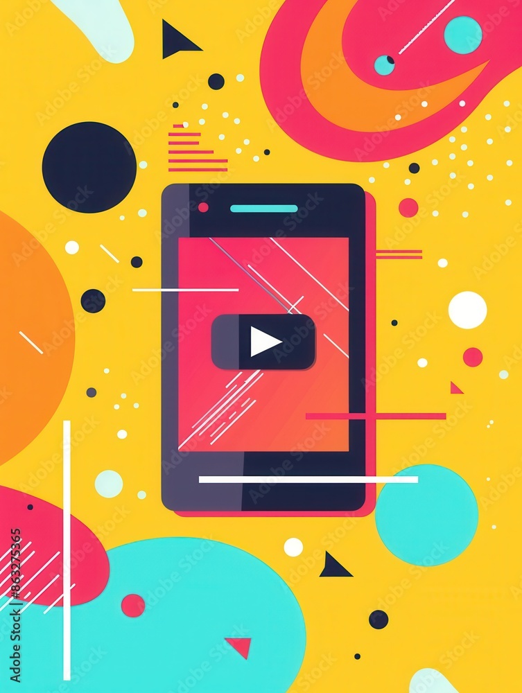 Poster a vibrant illustration of a smartphone with a video streaming on its screen, set against a colorful 