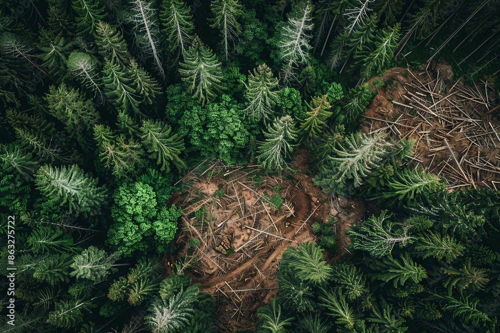 Wall mural felling in a pine forest, top view