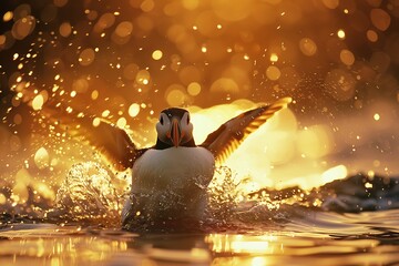 Obraz premium Photo of a single puffin shot direction from the front pose diving into water time of day sunset 