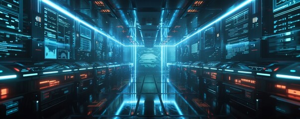 Obraz premium Futuristic digital hallway with glowing blue lights.