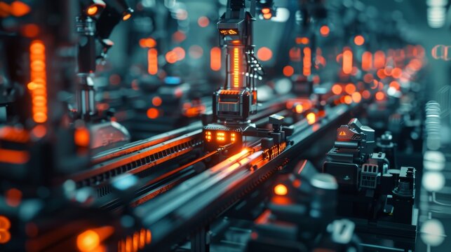 Futuristic automated assembly line with glowing lights and metallic machinery.  The image evokes a sense of advanced technology and industrial automation.
