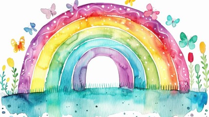 Seamless watercolor design featuring a vibrant rainbow with flowers and butterflies, rendered in a whimsical and colorful style.