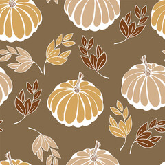 Seamless pattern with pumpkins on color background. Vector hand drawn sketched pumpkin. Autumn illustration for holidays, Halloween. Various food items in doodle style