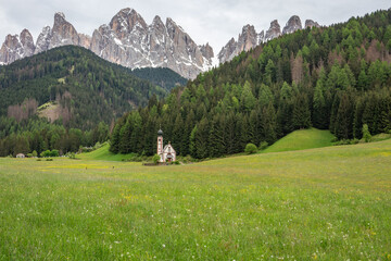 Landscape in Villnoess Valley  and  St. John's Chapel in South Tyrol