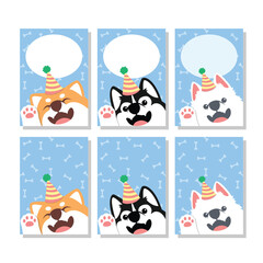 Cute dog with party hat waving paw cartoon greeting card flat design, vector illustration
