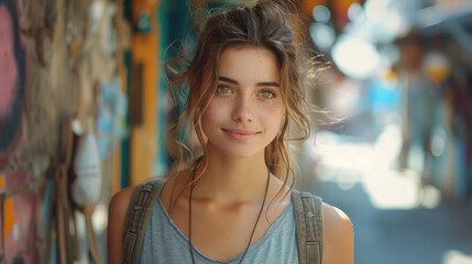 Naklejka premium Hipster girl wearing blank gray t-shirt, jeans and backpack posing against rough street wall, minimalist urban clothing style, mockup for tshirt print store