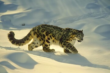 Fototapeta premium Photo of single snow leopard shot direction right side pose walking through snow time of day early morning