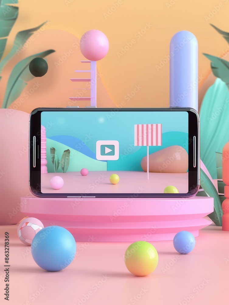 Aufkleber a smartphone displaying video streaming on a bright, colorful background featuring geometric shapes 