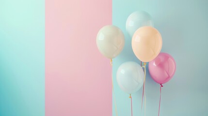 Pastel balloons against a pink and blue background.