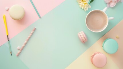 Pastel colored background with coffee, macarons and flowers, flat lay.