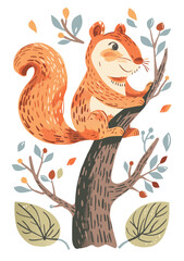 Vector Squirrel on Tree Watercolor Illustration - Ideal for Children's Art and Storybooks