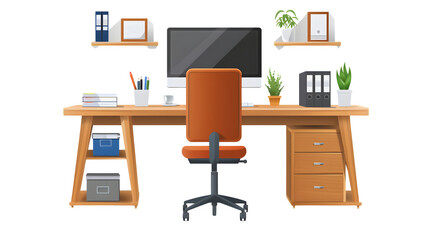 Home office setup with desk and computer, PNG file, transparent background, isolated on white