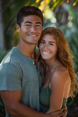 Naklejka premium A young Hispanic man in a gray shirt and a cheerful white woman in a green dress standing in a garden, waist-up photo