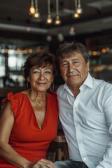 Fototapeta premium Middle-aged woman in red dress and man in white shirt sitting in a cafe with minimalistic background