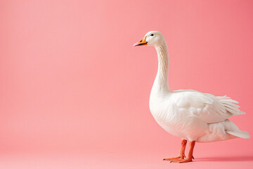 white goose on pink background with copy space
