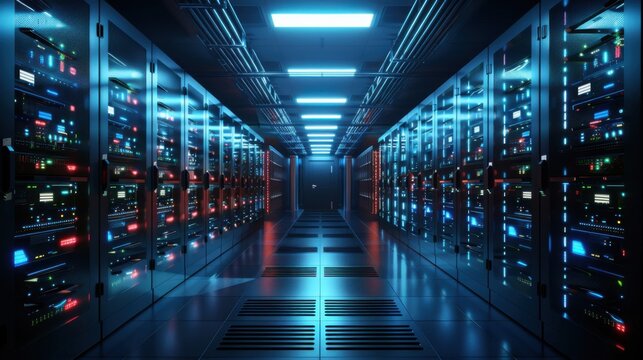 A modern data center with rows of high-tech servers illuminated by blue and red LED lights, showcasing advanced technology and infrastructure.