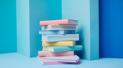 Book in library with old open textbook, stack piles of literature text archive on reading desk, and aisle of bookshelves in school study class room background for academic education learning