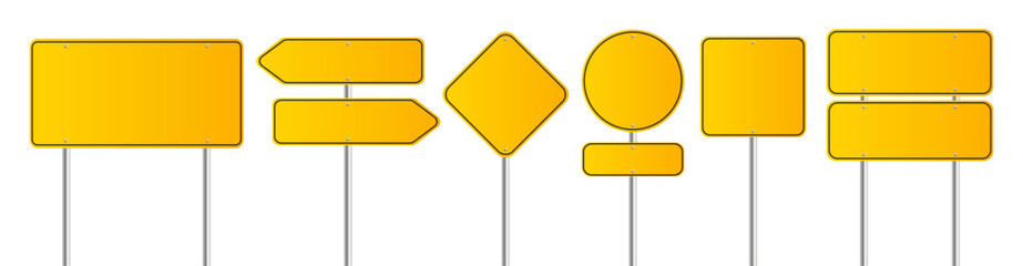 Realistic yellow road sign. Isolated signal tables. Blank street traffic symbols, stopping boards. Signaling plates vector set. Signal road for control traffic collection illustration