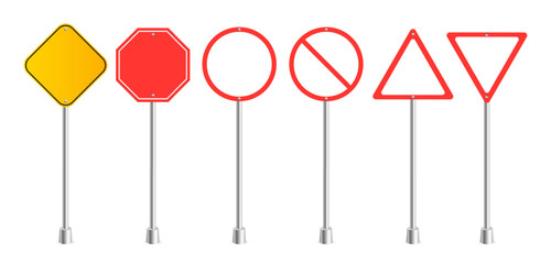 Vector road sign. Realistic blank traffic regulatory template. Empty warning banners mockup element © Angela Ksen