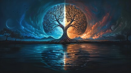 This image depicts the Ying-yang concept of balance with an Yggdrasil tree of life, showing a juxtaposition of day and night themes, reflected beautifully in water.